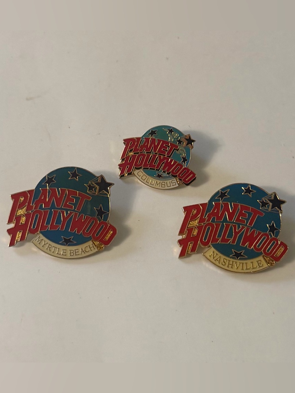 3 Planet Hollywood Lapel Pins Classic Globe Myrtle Beach Columbus Nashville